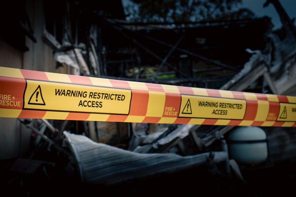 warning sign, warning tape, sign, warning, fire, house fire, burnt, burned, tape