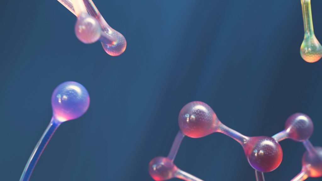 Abstract image of connected molecular shapes with vibrant colors.